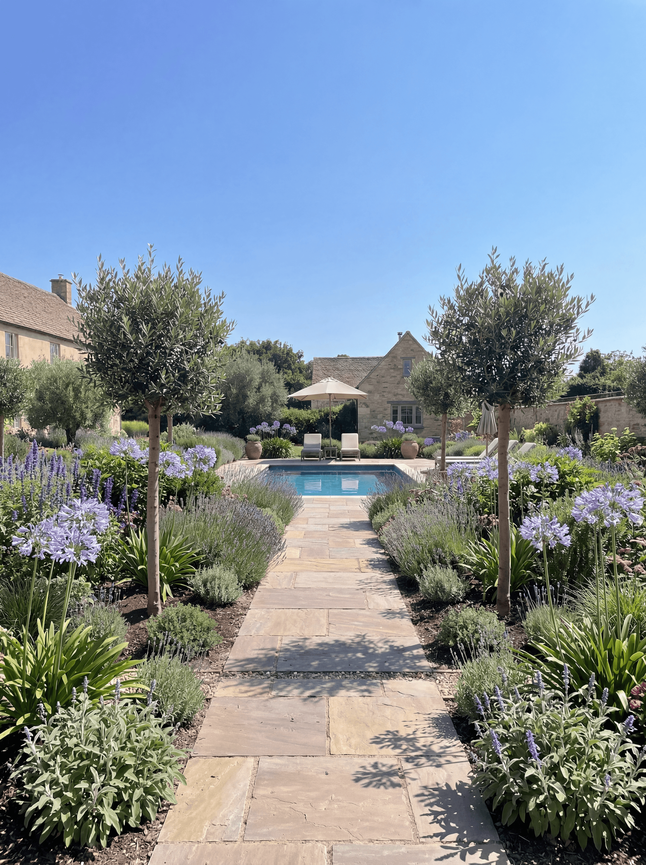 Hand-selected olive trees lining a beautiful UK garden - buy online with delivery