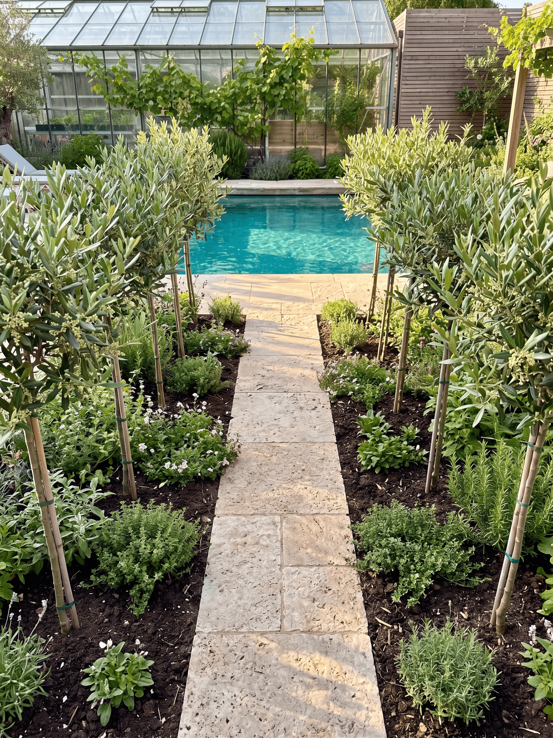 Compact Olive Trees lining a garden path - hand-selected UK delivery