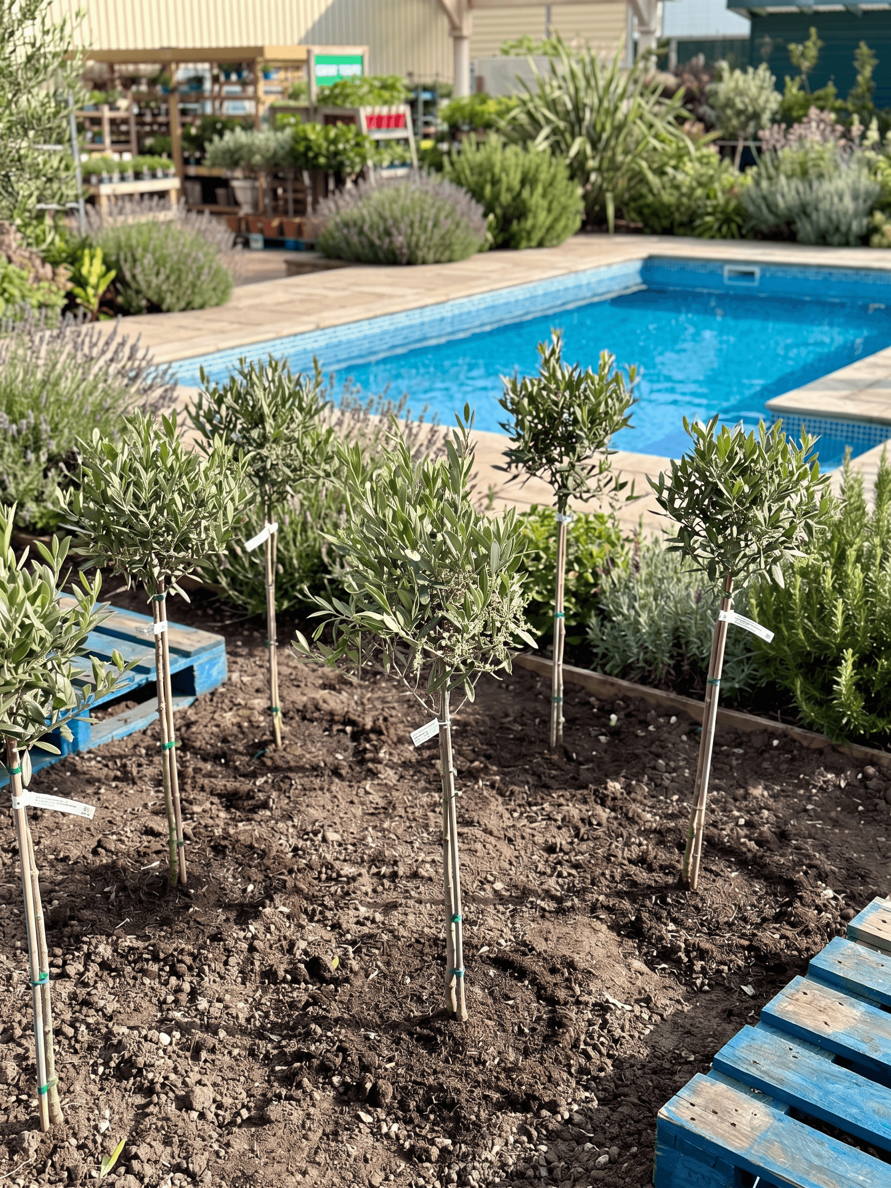 Compact Olive Trees on a patio by a pool - olive trees for sale UK