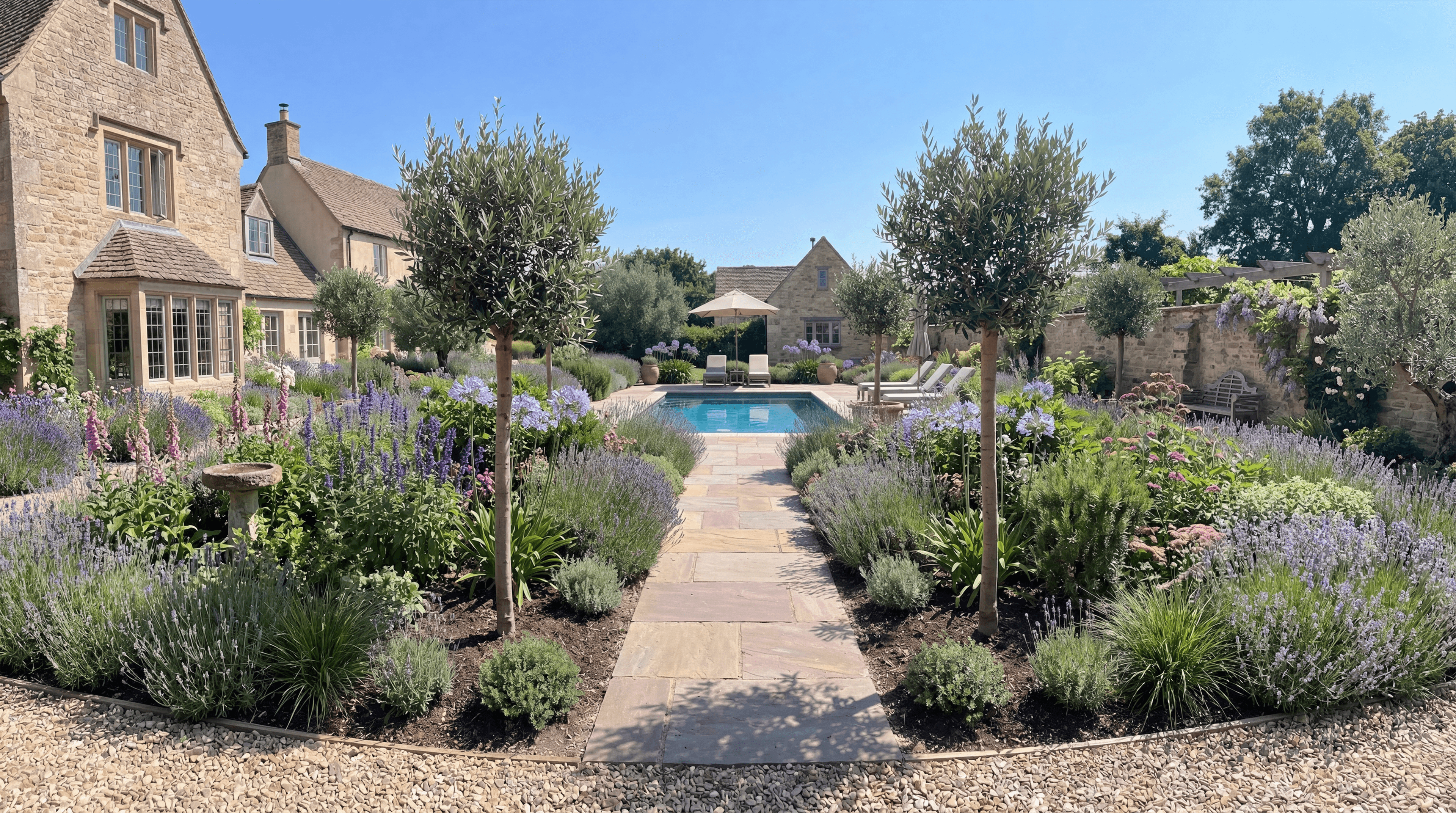 Hand-selected olive trees lining a beautiful Cotswolds garden - UK delivery available